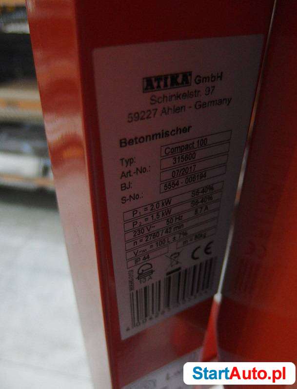 Betoniarka mieszalnik mikser ATIKA Compact 100l