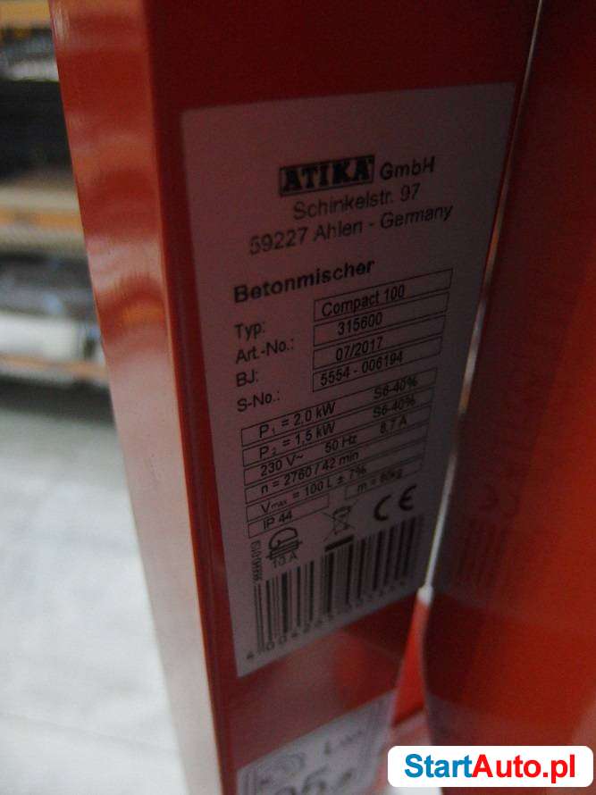 Betoniarka mieszalnik mikser ATIKA Compact 100l do kleju