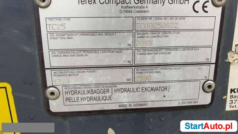 gąsienicowa Terex TC 25 Minikoparka, F VAT 23%, 2x łyżka, pług, BDB Stan, 2013 r