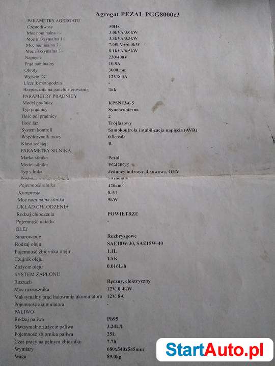 Generator agregat prądotwórczy Pezal PGG8000E3 3 fazy 6,5kw