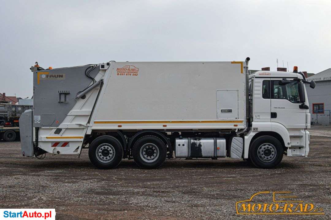 MAN TGS 28.400 / 6×2 / EURO 5 EEV / ŚMIECIARKA / ZABUDOWA FAUN / WRZUT NA WSZYSTKIE POJEMNIKI / OŚ SKRĘTNA – PODNOSZONA / AUTOMAT / ZADBANA
