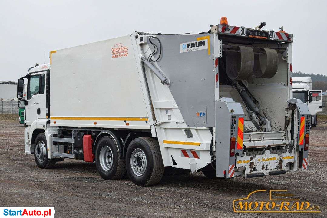 MAN TGS 28.400 / 6×2 / EURO 5 EEV / ŚMIECIARKA / ZABUDOWA FAUN / WRZUT NA WSZYSTKIE POJEMNIKI / OŚ SKRĘTNA – PODNOSZONA / AUTOMAT / ZADBANA