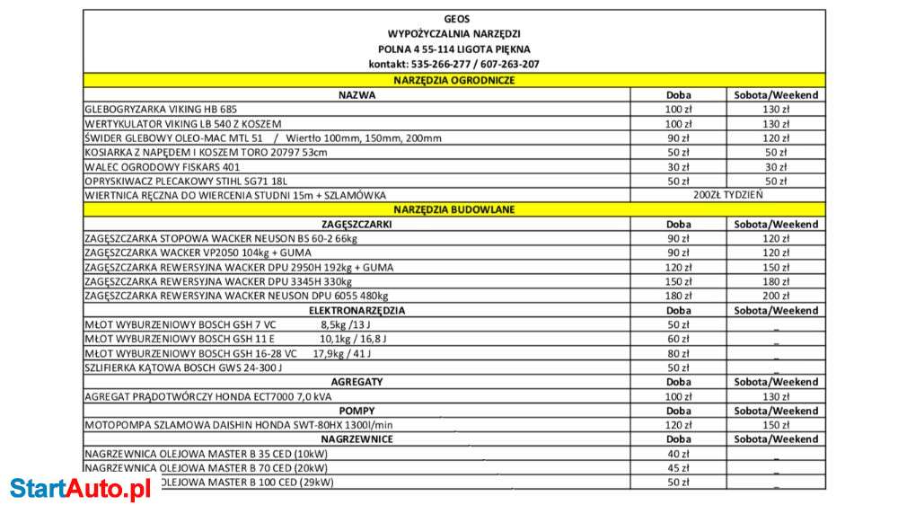 Wypożyczalnia wynajem zagęszczarka glebogryzarka wertykulator świder