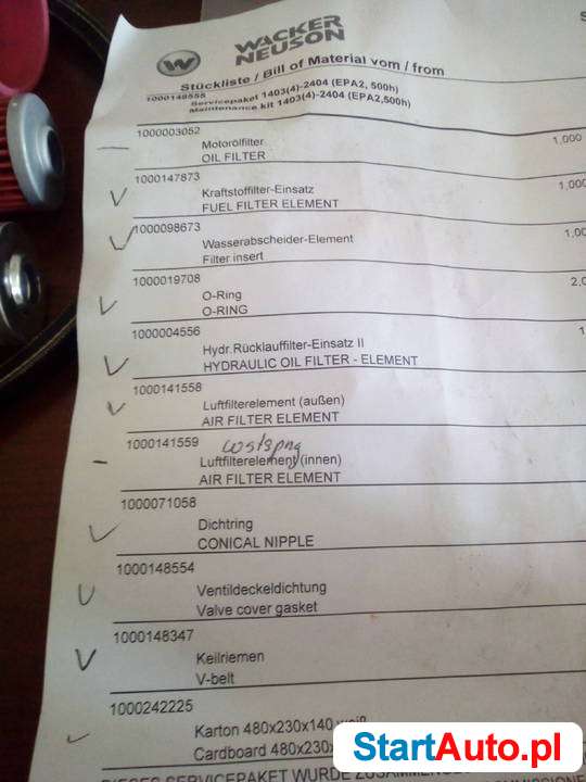 Komplet filtrów do minikoparki wacker neuson